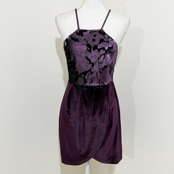 Tobi Purple Halter Sequin Velvet Wrap Dress - Picture 1 of 6